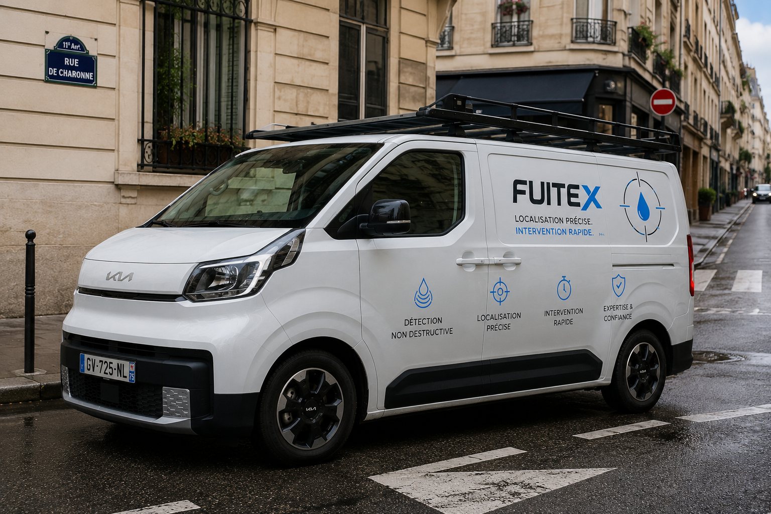 Véhicule FuiteX floqué stationné dans une rue de Paris